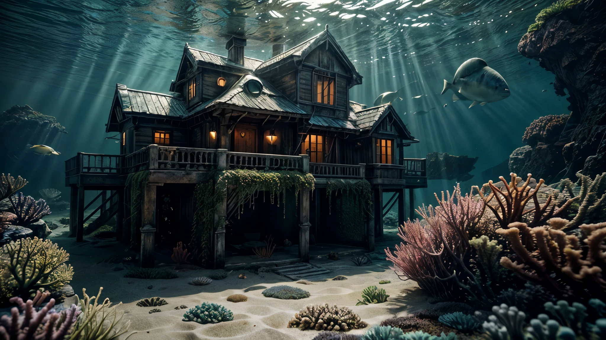 There is a house at the bottom of the ocean, surrounded by marine life. Light breaks through the water, creating mystical lighting. The house is partially covered with seaweed and coral, emphasizing its prolonged stay underwater. A variety of fish and other marine life swim around.
Details for creating a picture:
Main object:
A house with traditional architecture, possibly with visible windows and doors.
The house is weathered with elements of corrosion and fouling by algae and corals.
Ambient:
Ocean floor, covered with sand and stones.
Marine flora: algae, sea grass, kelp.
Marine fauna: various types of fish, maybe small sharks, jellyfish.
Lighting & Atmosphere:
Scattered light penetrating through the water from above, creating soft light rays.
Shadows and depth, giving the image realism.
Bluish and greenish shades, characteristic of the underwater environment.
Additional elements (Optional):
Shipwrecks or old chests in the distance to add ambience.
Little air bubbles rising from the house.
Style and mood:
Realistic style with high detail.
Mystical and slightly mysterious atmosphere.
Combination of modern and natural.
Technical specifications:
High resolution.
Realistic stylization.
Detailed elements of the house and the underwater world.
Effective use of light and shadow to create depth and realism.