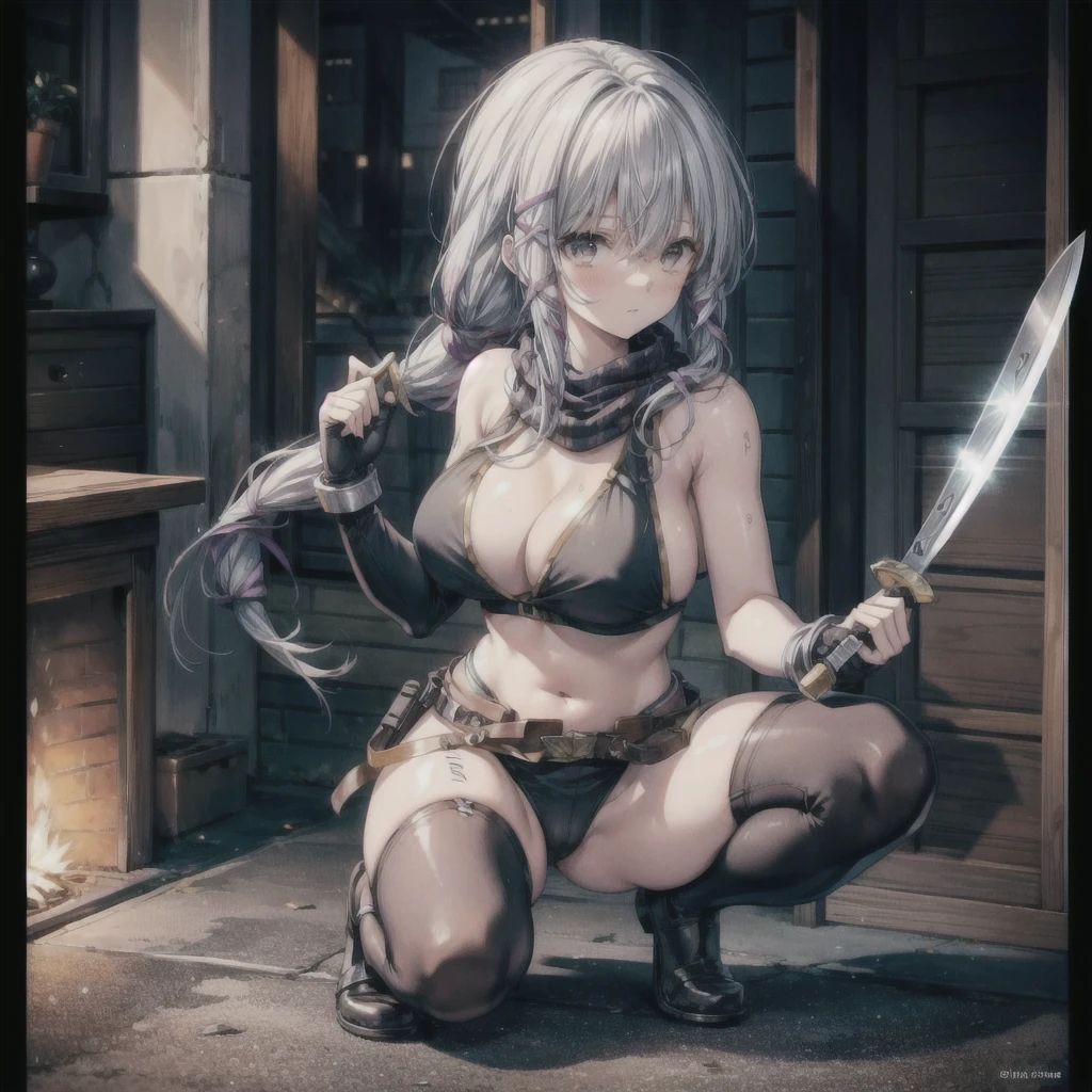 (masterpiece, highest quality, Perfect Anatomy, Fabric Shading, gleaming skin, Glowing Skin, Detailed skin),BREAK,
(clair lasbard), 
(long ponytail, hair ribbon, striped scarf, black sports bra, belt, black micro bikini, fingerless gloves, thigh boots),
 
Full Body, on one knee, erotic pose, sensational look, (assassin, holding a knife:1.3), BREAK, 
huge breasts, wide open cleavage, underboob), BREAK,
Portrait, dutch angle, BREAK,
fantasy, Late Night, Dark, BREAK