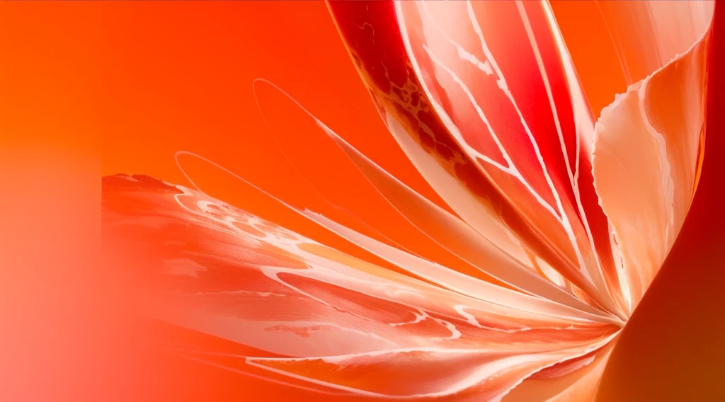 This is a close-up of a red and white flower, Bright orange background, Energetic, swirling red silk fabric, Energetic的红色背景, Ultra-fine details, Orange background, Bright orange, Abstract Photography, Pale pink and orange mood, Orange Ribbon, Orange spike halo in motion, Smooth lines, Orange background