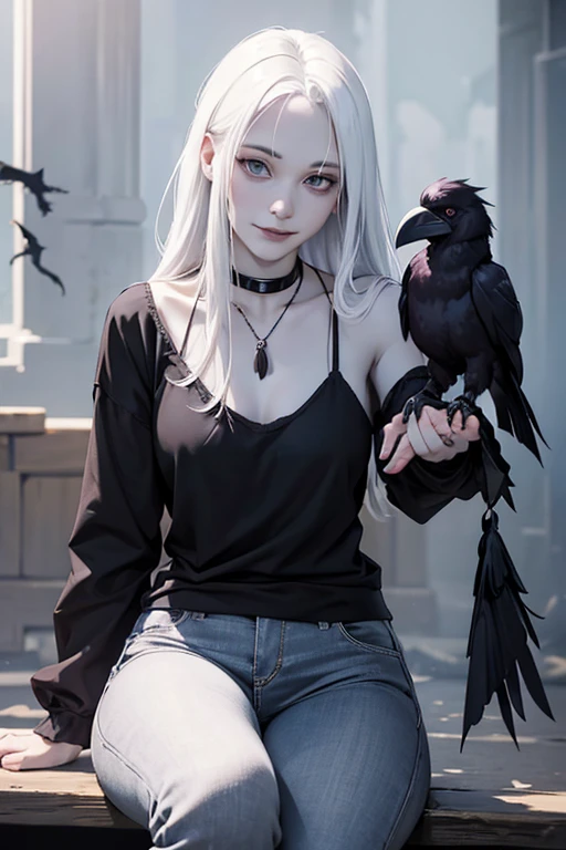 ((Playing with a raven, corvid bird:1.4)),(black clothing:1.3).Cute 18 yo (albino:1.4)woman of Slavic descent.(short:1.1), , long white hair, gray eyes, ((very pale:1.4)). Innocent look. Gentle spirit.(virgin), (black tank top, jeans,), necklace, (black Mary Janes with straps).(joy),((smile)).Masterpiece, best quality(highly detailed:1.2),(detailed face and eyes:1.2), depth of field, 8k wallpaper, studio lighting, core shadows, high contrast, bokeh.