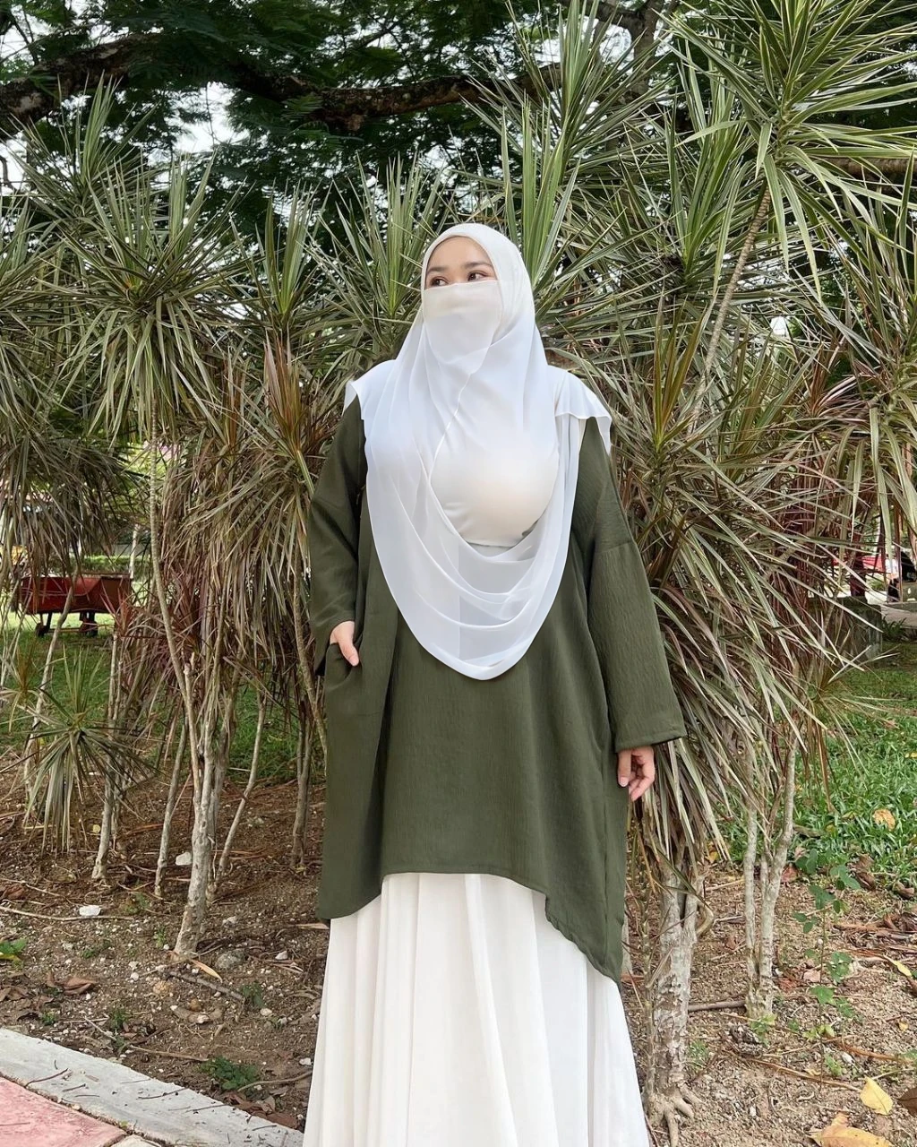High resolution UHD, Improvement of quality, Soft lighting, Highly detailed, Very detailed on clothes, high quality clothes, Advanced Details, Sharp Focus, High resolution, Big Breasts, Breasts Covered With Hijab and Dress, Real clothes, Real Lighting, Same clothes, Same Clothes With Big Breasts, Big Boob Undershirt covered, A Girl Wearing Niqab