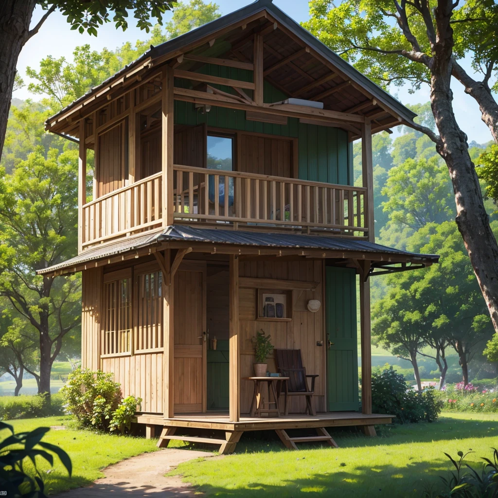 hyper realistic photo, a very simple wooden hut but, there is a front terrace complete with chairs and table, in the middle of a beautiful green rice field, with a backdrop of shady green trees right behind the house, soft afternoon lighting, shooting angle from the right side with the drone, the detailed image is very natural.
