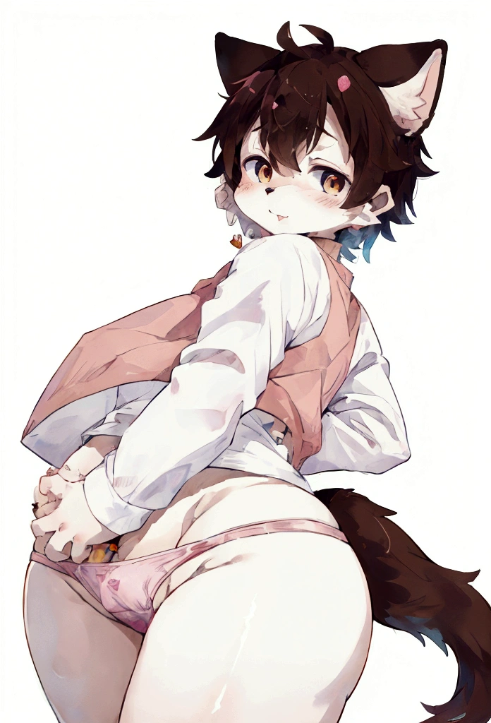 cartoon cat boy with a tail sticking out of a panties, a pastel by Shitao, pixiv, furry art, makoto, thick fluffy tail, xqcow, thick tail, cow, furry brown body, thicc, cel shaded!!!, brown tail, sfw version, furry tail, fursona!!!!, furries wearing tails, bara, bovine