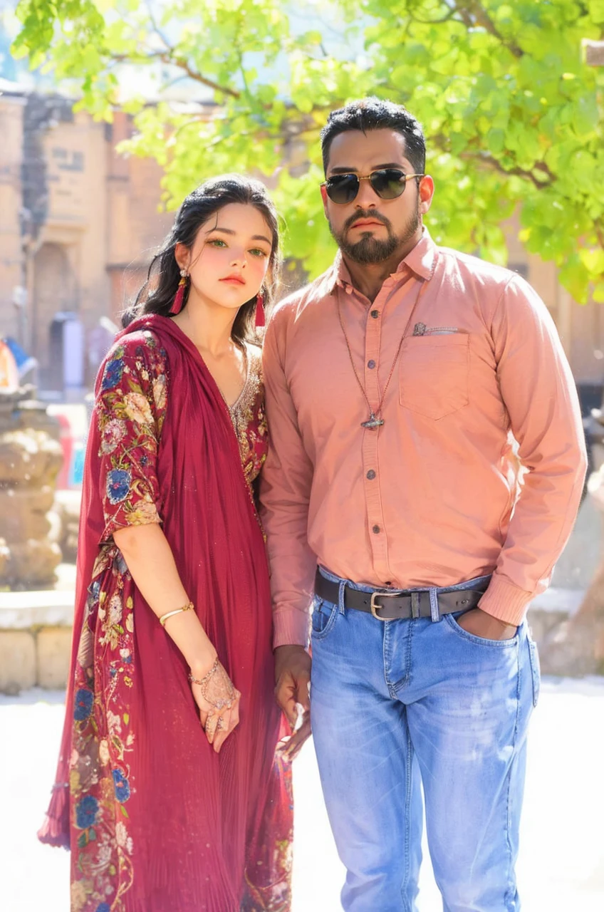 Hindu Brahman girl in orange Dress with Muslim arab with boy with Arabian Rumal hai And traditional white Dress , romantic in humayun tomb