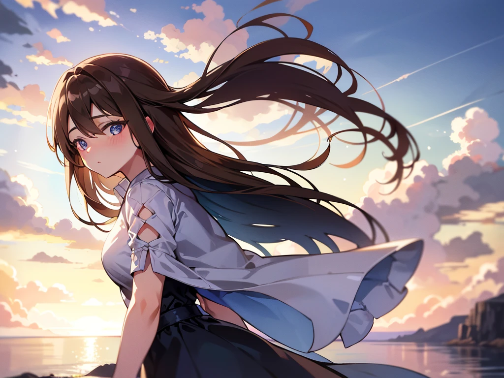 medium shot,2:1,middle aged woman,fit,long hair,brown hair,blue eyes,Dress comfortably,look at the sky,morning,Beautiful lighting.,Cloudy,nature,detailed,wind