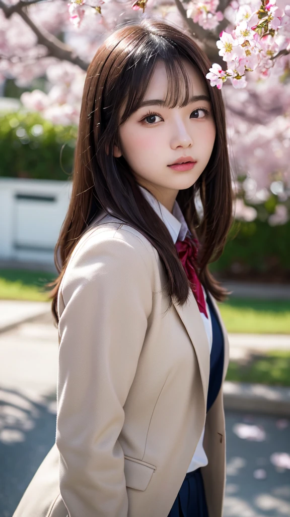 high school girl, uniform, navy blue blazer, Cherry tree in full bloom, Cherry blossom confetti, perfect proportions, cute, ((18 year old female:1.2)), young adorable japanese face, official art, Highly detailed CG Unity 8K wallpaper, (masterpiece:1.3), (highest quality:1.0), ultra high resolution, 4k,Super detailed, photo shoot, 8K, nsfw, High resolution, kodak portrait 400, film grain, lens flare glow, highest quality, 8K,nsfw:1.2), portrait shot,8K, View viewer