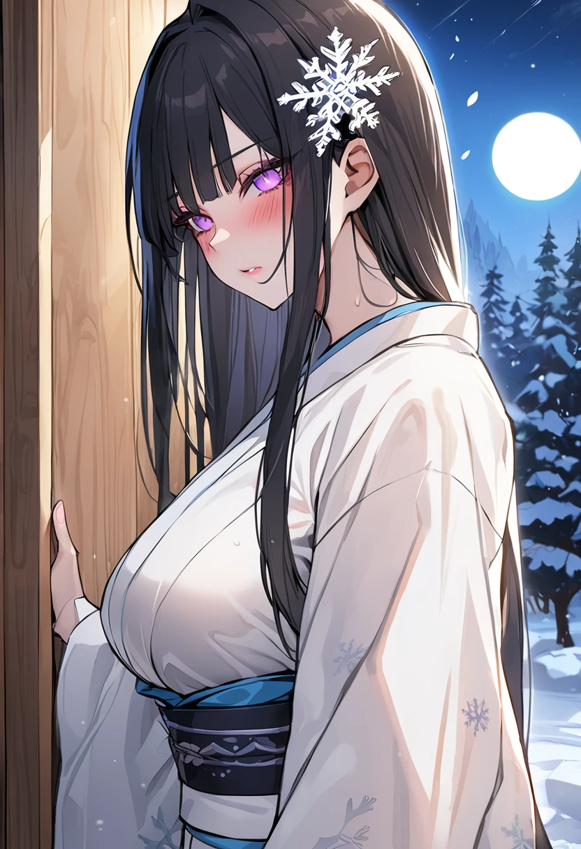 (masterpiece, best quality, extremely detailed:1.3) BREAK dynamic pose, upper body, close-up, 1girl, Yuki-onna, very long hair, black hair, straight hair, sidelocks, hair ornament, light purple eyes, colored eyelashes, pure white skin, blush, large breasts, makeup, white kimono, (snowflake print), light blue obi, furisode, wide sleeves, jewelry, snowy mountain, forest, snowing, full moon , inside, in a laundryroom, (fantasy-style:1.2)