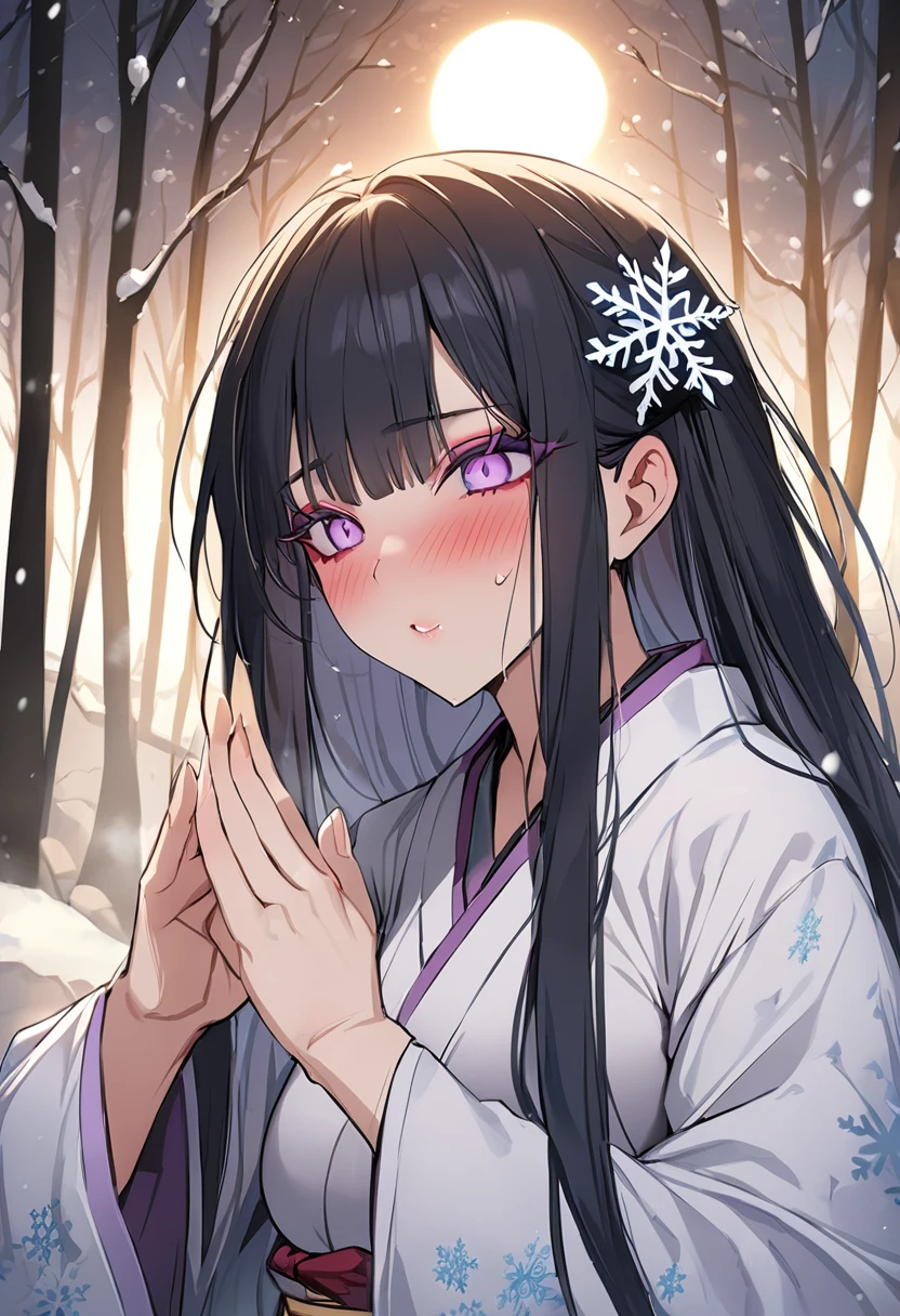 (masterpiece, best quality, extremely detailed:1.3) BREAK dynamic pose, upper body, close-up, 1girl, Yuki-onna, very long hair, black hair, straight hair, sidelocks, hair ornament, light purple eyes, colored eyelashes, pure white skin, blush, large breasts, makeup, white kimono, (snowflake print), light blue obi, furisode, wide sleeves, jewelry, snowy mountain, forest, snowing, full moon , inside, in a laundryroom, (fantasy-style:1.2)