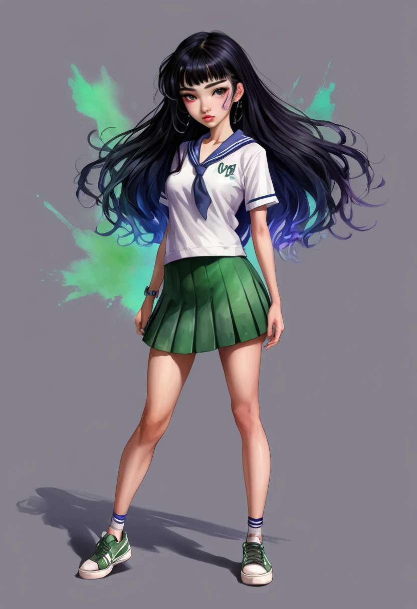 Green Screen,Plain background,High School Uniform:2,Knee-length skirt:2,Fantasy digital watercolor painting,One girl,sneakers,XG,Standing pose,whole body,Black Hair,eyelash,eye shadow,Nose Piercing,Lip Piercing,Face Art,anime,high school student,Asian Girl,Staring at the audience,In-person audience,cool,masterpiece,Very detailed,8k wallpaper,Highest quality,