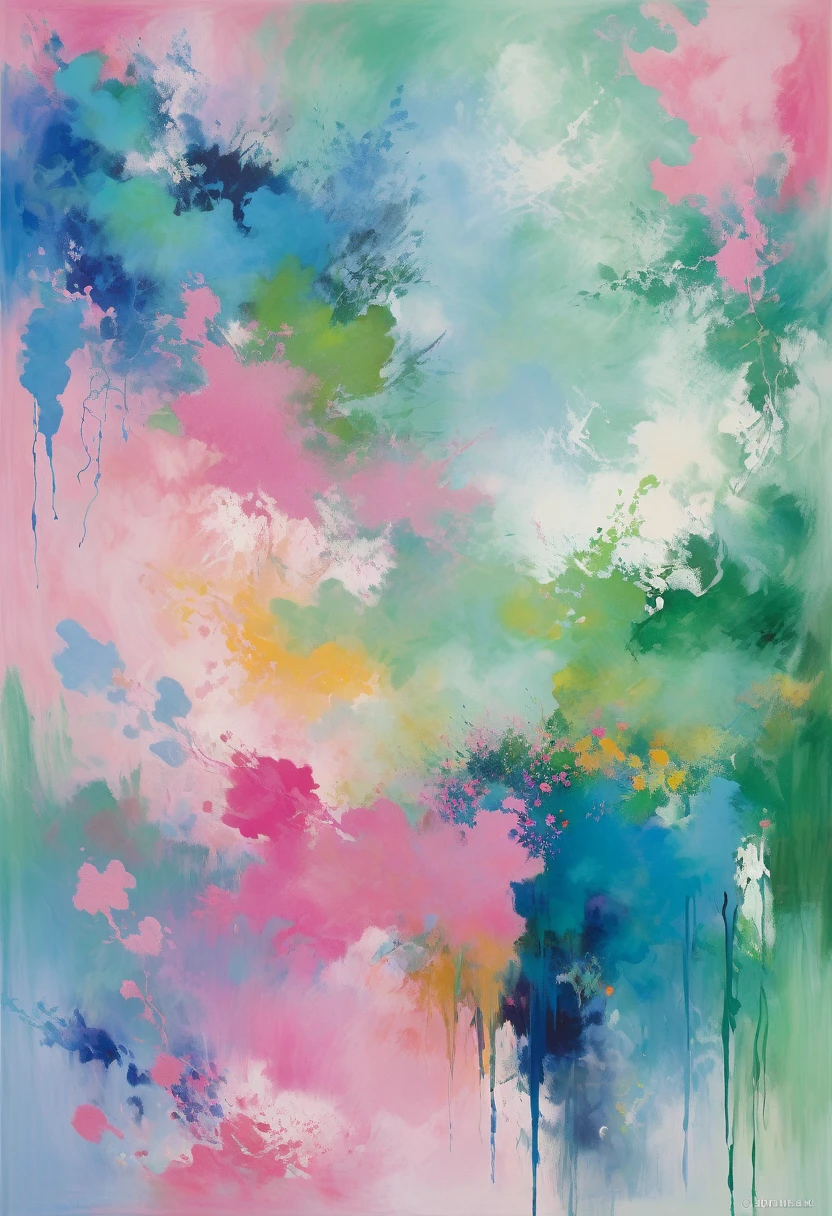 抒情abstract, pink、blue and green mist, 略显abstract, 灵感来自汉斯·Hoffman, abstract现实主义, abstract, abstract丙烯画, abstract技巧, abstract印象派, Inspired by Richter, inspired by Joan Snyder，With this picture carrier，Generate an image with a certain artist（matisse、Hoffman，Cézanne，Chagall，miro）Works in five artist styles，Fusion of five artistic styles，The picture has a certain contemporary quality，Contains contrasting colors，Complementary colors，Adjacent colors，Area comparison，Chiaroscuro，A work with a strong sense of space。Fully reflects the styles and integration of the five artists，Don&#39;t show characters，Don&#39;t show characters，Don&#39;t show characters