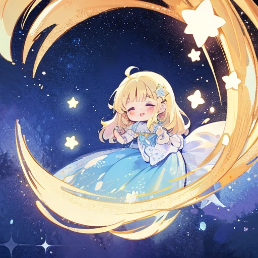 complex background, wishing star background, a blonde woman with big messy hair, wearing an ethereal mystical blue translucent dress that reflects the stars, mystic, complex drawing, highly detailed, promo art, artistic rendition, ethereal, starry night, midjourney style