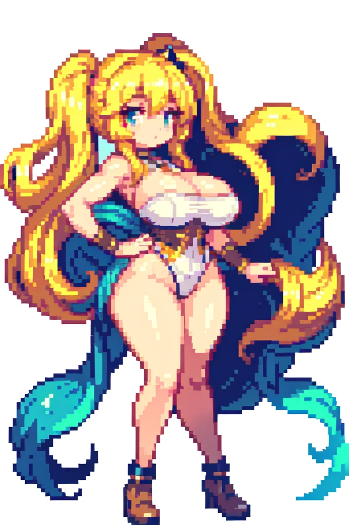 {{lift one leg}},{{muscular}},{{gigantic breasts}} ,{{very curvy}} ,queen, ,masterpiece , best quality , pixel art , 1 girl ,{full body}, voluptuous ,twintails,blonde hair ,white background