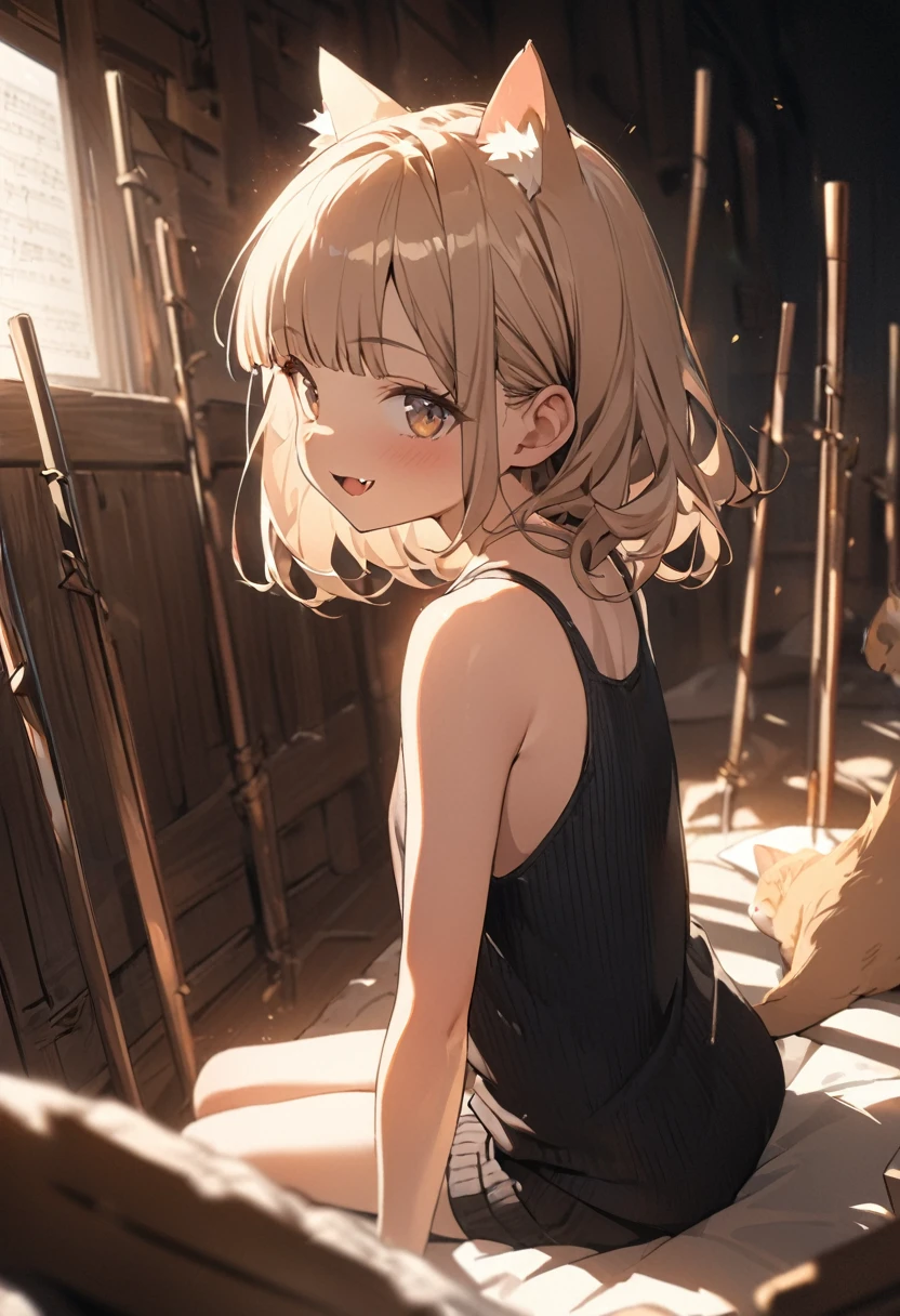 ((Masterpiece)), ((best quality)), (Anime:1.3), (RAW photo:1.2),(High Definition:1.3), (Professional Photography:1.4), (wide shot), (sharp focus), (perfect light), profile, (()), (1girl), 8K, Glossy skin, cinematic lighting, (Knit fabric tank top), (Cute innocent teenage girllendar body, small breast, glossy medium hair, (loose blunt bangs), ((:3)), open mouth, fang out, (naughty smile), beautiful collarbones, (slightly exposed shoulders), (put on cat ears), pale brown hair, Hair that flutters in the wind, BREAK, ((best quality)), (Relaxed sitting), Background with G clef and staves, ((music score)),