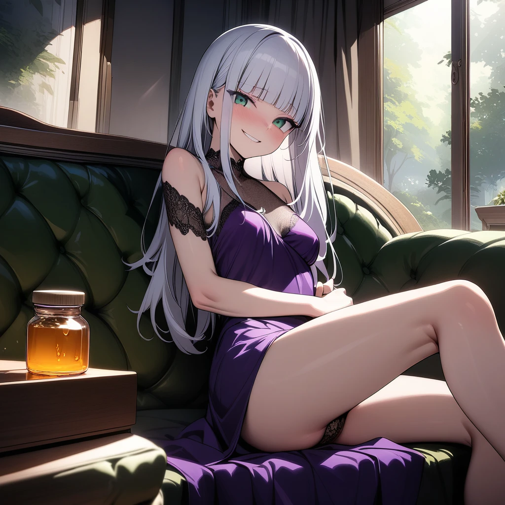 (masterpiece),(best quality),very aesthetic,(ultra-detailed),(illustration),(degenerate),very aesthetic,nsfw,1girl,yo,slender,long hair,silver hair,straight hair,(blunt bangs),dark blue alluring eyes,smirk,comfortable,An elegant and sophisticated outfit perfect for a party, featuring a purple velvet dress with green lace accents,Rough red mesh fabric from shoulder to arm,bare legs,Jar of honey,ecstasy,happy,inroom,couch,reclining,daytime,Lascivious atmosphere,fantastic atmosphere,Sunlight shining through the window,forest landscape,backlighting,Lace curtains flutter in the wind,Toxic green colored lace panties,Old furnishings,dusty room