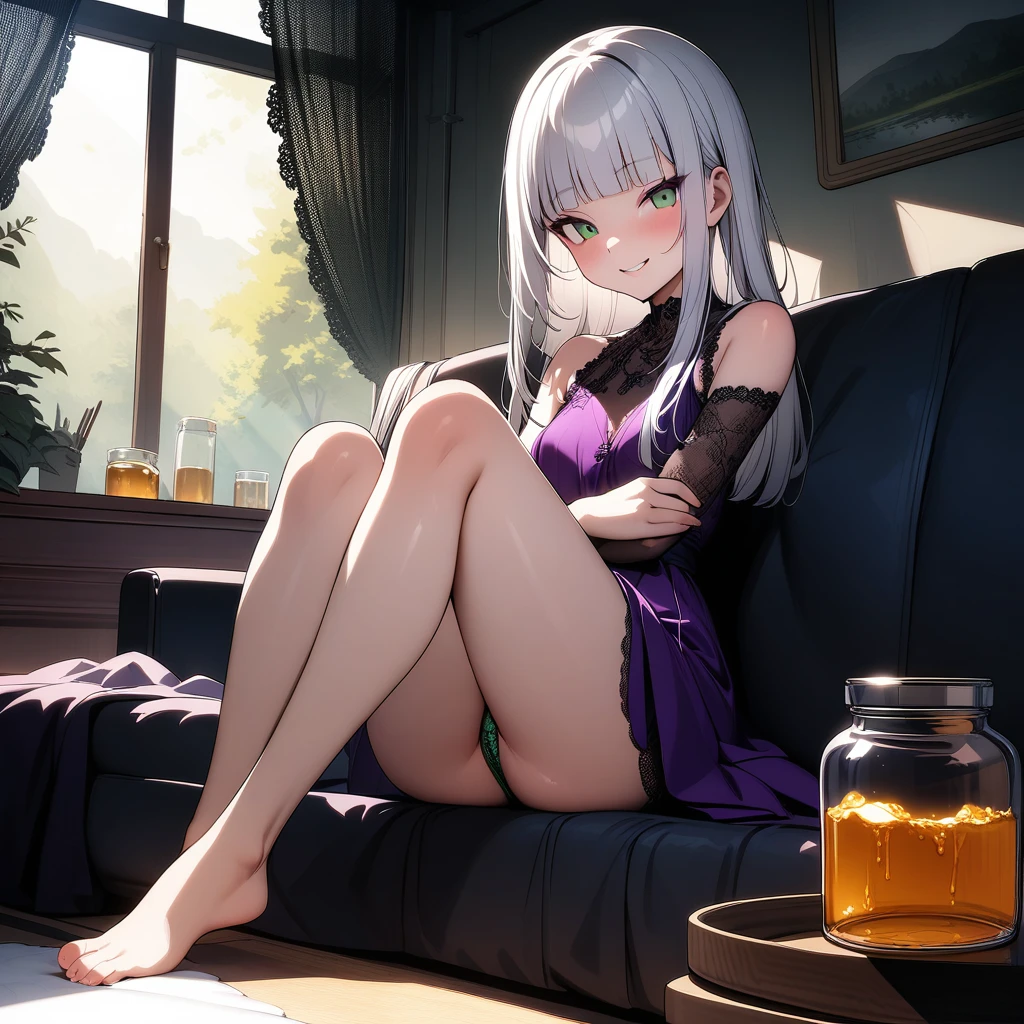 (masterpiece),(best quality),very aesthetic,(ultra-detailed),(illustration),(degenerate),very aesthetic,nsfw,1girl,yo,slender,long hair,silver hair,straight hair,(blunt bangs),dark blue alluring eyes,smirk,comfortable,An elegant and sophisticated outfit perfect for a party, featuring a purple velvet dress with green lace accents,Rough red mesh fabric from shoulder to arm,bare legs,Jar of honey,ecstasy,happy,inroom,couch,reclining,daytime,Lascivious atmosphere,fantastic atmosphere,Sunlight shining through the window,forest landscape,backlighting,Lace curtains flutter in the wind,Toxic green colored lace panties,Old furnishings,dusty room