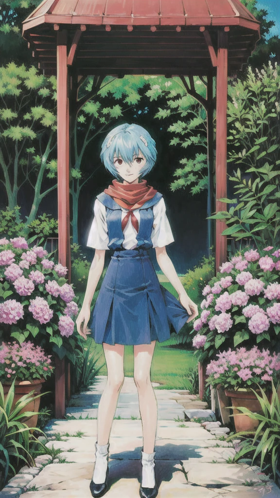 Highest quality、high resolution、masterpiece、Detailed、One Girl、Rei Ayanami、Short bob hairstyle、Light blue hair、Red eyes、Sailor suit、skirt、ミニskirt、Knee、Red scarf、A kind smile、Staring at the viewer、cute、beautiful、beautiful、garden、Flowers are blooming