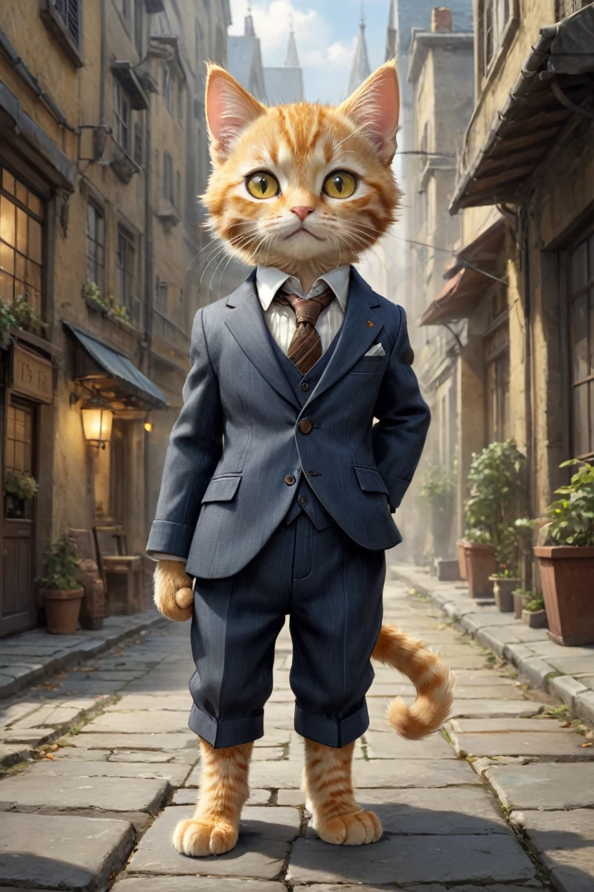 small, かわいいbornき物, Wearing a suit,Wearing suit pants, whole body, , Are standing, Costumes, Fantasy art, Exquisite detail, Jean-Baptiste Monge Style, office Street、Alan Lee Style, Anthropomorphic yellow-eyed tabby furry kitten, Movie Scenes, Dramatic shot angles, , Realistic, born々Amazing cinematic photorealism, Action Portrait, 8K, detailed, Full Frame