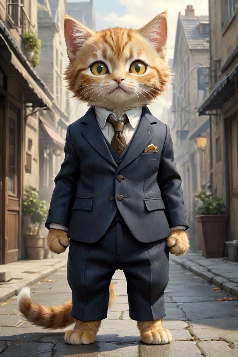 small, かわいいbornき物, Wearing a suit,Wearing suit pants, whole body, , Are standing, Costumes, Fantasy art, Exquisite detail, Jean-Baptiste Monge Style, office Street、Alan Lee Style, Anthropomorphic yellow-eyed tabby furry kitten, Movie Scenes, Dramatic shot angles, , Realistic, born々Amazing cinematic photorealism, Action Portrait, 8K, detailed, Full Frame