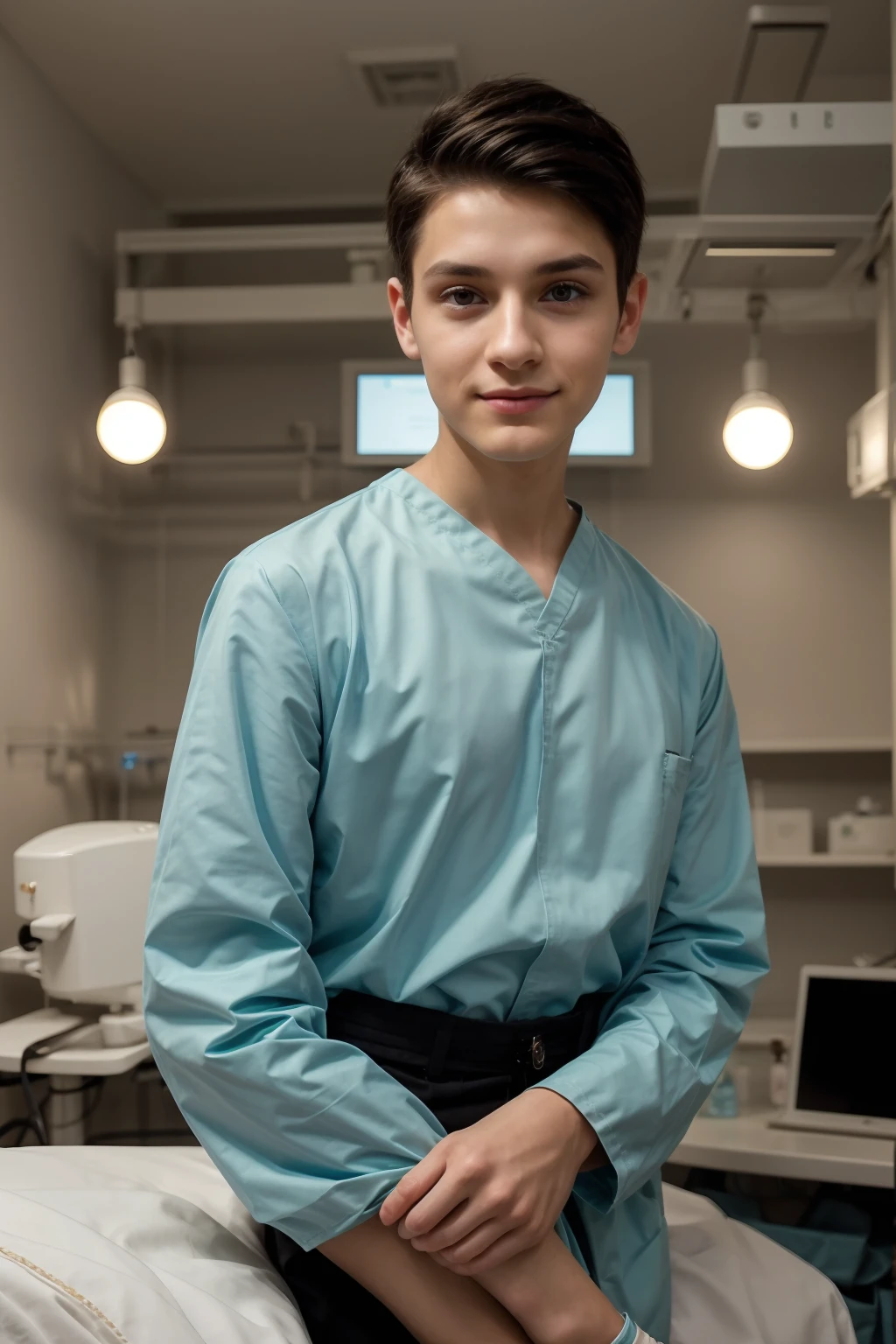 A beautiful young doctor, a twink, a cute male, with a face with make-up on, wearing a long-sleeved aquamarine shirt and black jeans. He is in the major surgical operating room for brain surgery, with smart medical monitors behind him, and he looks proudly, and he has black hair.