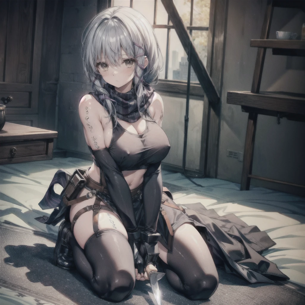 (masterpiece, highest quality, Perfect Anatomy, Fabric Shading, gleaming skin, Glowing Skin, Detailed skin),BREAK,
(clair lasbard), 
(long ponytail, hair ribbon, striped scarf, black sports bra, belt, black micro bikini, fingerless gloves, thigh boots),
 
Full Body, on one knee, erotic pose, sensational look, (assassin, holding a knife:1.3), BREAK, 
huge breasts, wide open cleavage, underboob), BREAK,
Portrait, dutch angle, BREAK,
fantasy, Late Night, Dark, BREAK