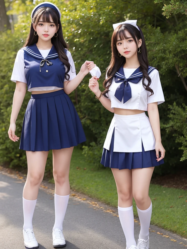 Beautiful woman、cute、Plump body、Big Tits、Earrings、Are standing、Ribbon in hair、Super mini skirt short sleeve sailor uniform、Ribbon on chest、garden、From the thigh up, (deluster:-1)