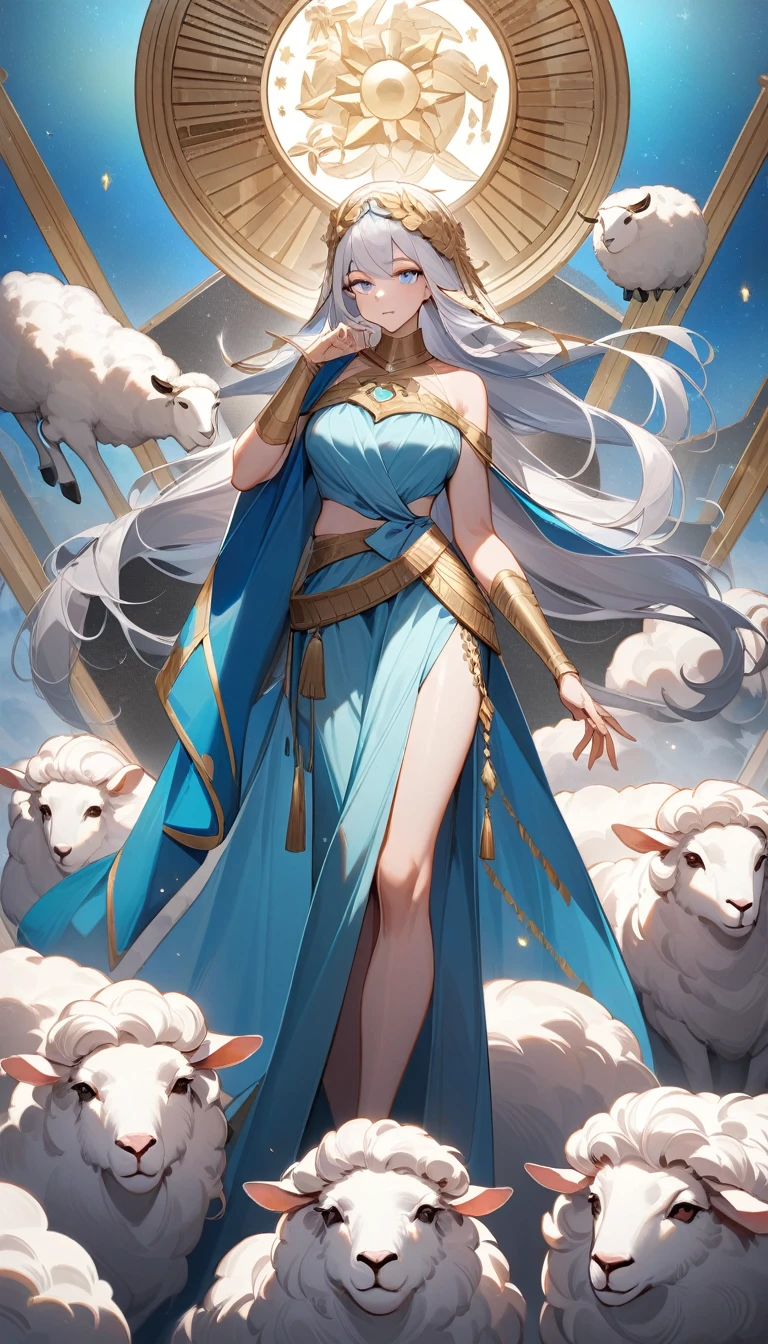 (Huang Li、high quality、Extremely detailed),Zodiac sign- Aries goddess,Giant white sheep,Woman stroking Aries,Similar to Latin goodness,brave,capricious,Productivity,The face of enterprising and humanitarianism,White long hair,Ancient Greek costumes、Wrap Dress,The background is the universe,Crystal blue eyes(Eyes Details),Powerful appearance