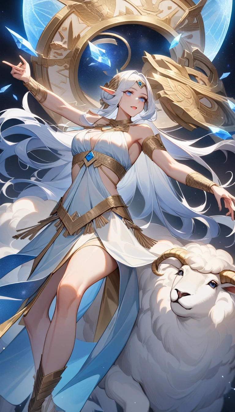 （Huang Li、high quality、Extremely detailed），Zodiac sign- Aries goddess，Giant white sheep，Woman stroking Aries，Similar to Latin goodness，brave，capricious，Productivity，The face of enterprising and humanitarianism，White long hair，Ancient Greek costumes、Wrap Dress，The background is the universe，Crystal blue eyes（Eyes Details），Powerful appearance