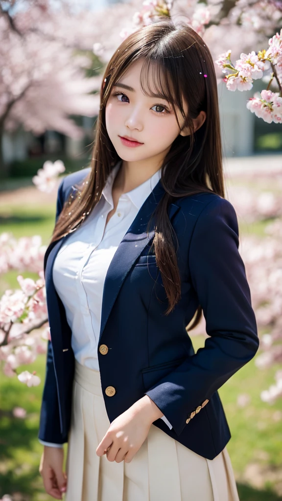 high school girl, uniform, undressing navy blue blazer, nipple, Cherry tree in full bloom, Cherry blossom confetti, perfect proportions, cute, ((18 year old female:1.2)), young adorable Japanese face, official art, Highly detailed CG Unity 8K wallpaper, (masterpiece:1.3), (highest quality:1.0), ultra high resolution, 4k,Super detailed, photo shoot, 8K, nsfw, High resolution, kodak portrait 400, film grain, lens flare glow, highest quality, 8K,nsfw:1.2), portrait shot,8K, View viewer