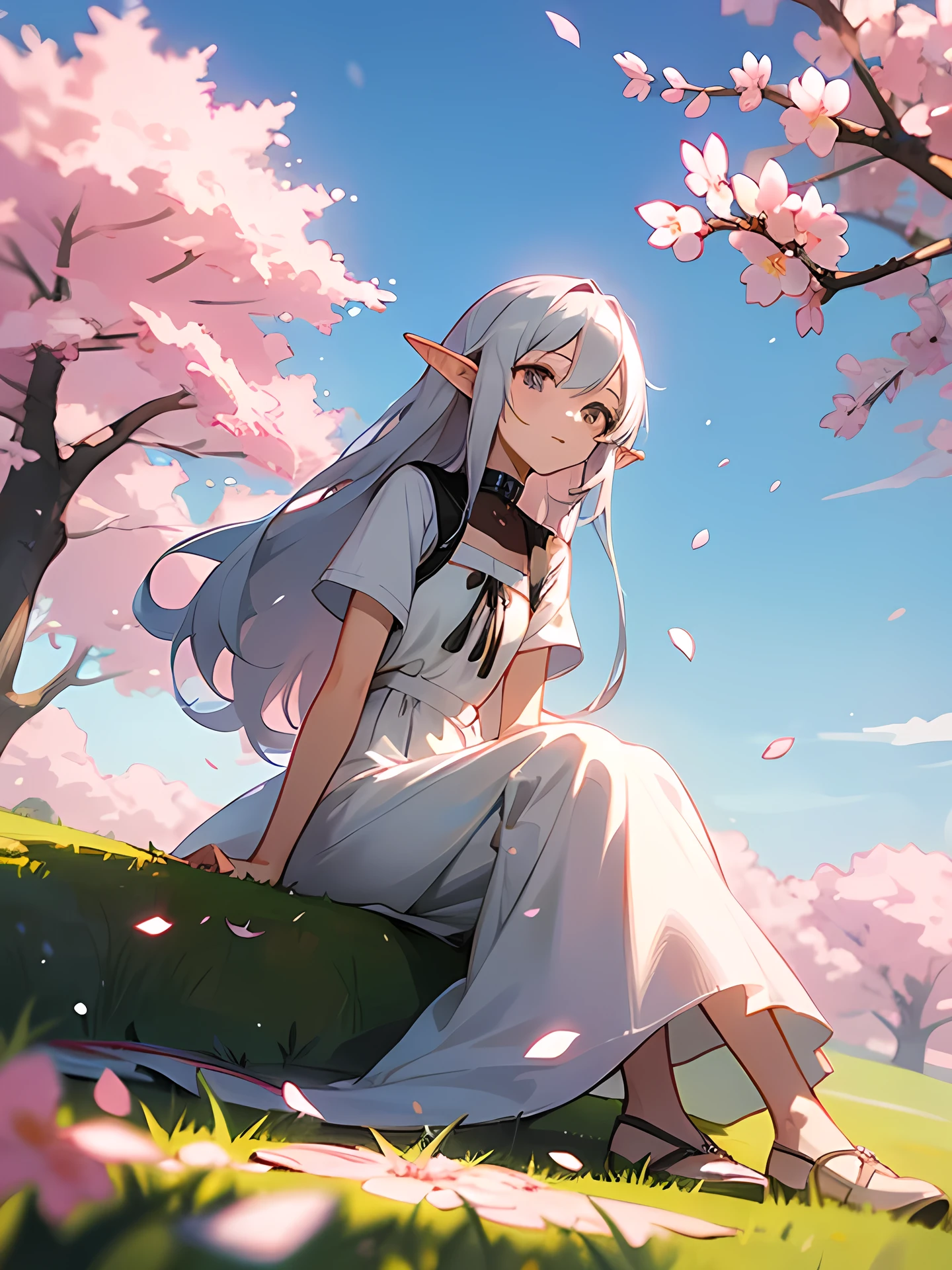 solo, sitting,white long hair, white dress, black collar, small ethnic letter decoration, elf ears, gray eyes, cherry blossom background, cherry blossom petals, neat expression, blue sky,Looking at the lawn, the cherry blossom petals,