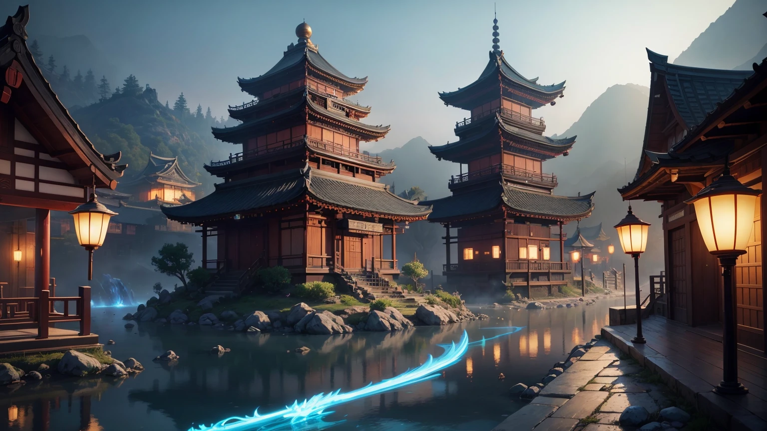 ((masterpiece)), (8k, high_resolution), (best quality), ultra-detailed, (blue lighting), chinese architecture, old chinese town, cinematic lighting, onmyoji detailed art, concept art magical highlight, background artwork, league of legends concept art, magical background, background art, entrance to ethereal realm, dota 2 concept art, riot games concept art, luminescent concept art, mysterious temple setting, magical concept art, odin's stone arena background, traditional japanese concept art, anime scenery concept art, onmyoji detailed art, japanese town, concept art stunning atmosphere, beautiful concept art, 2. 5 d cgi anime fantasy artwork, japanese city, a bustling magical town, dreamy chinese town, colorful kitsune city, beautiful detailed concept art