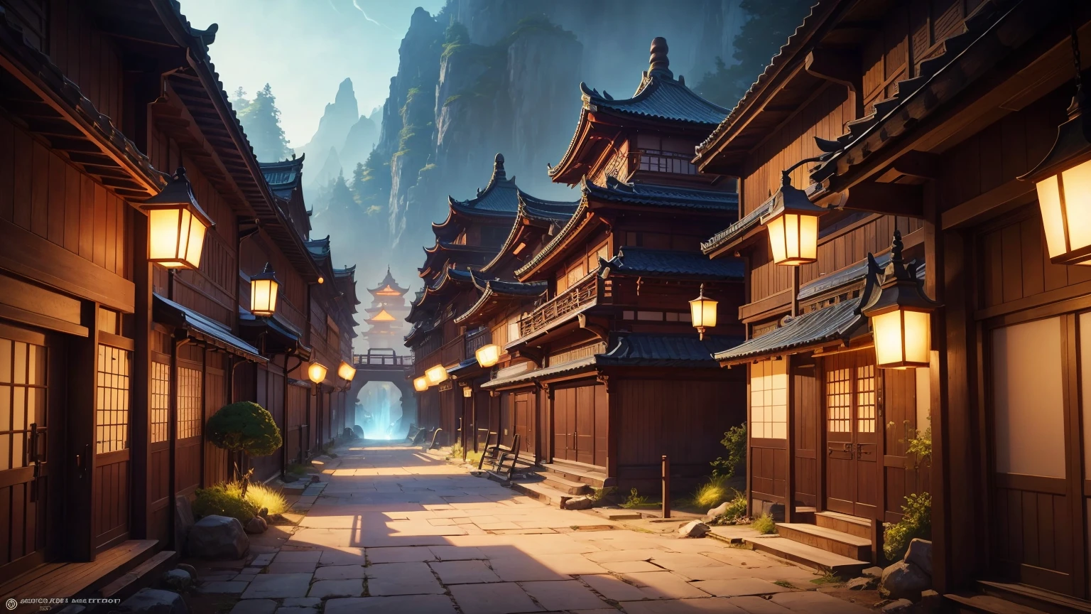((masterpiece)), (8k, high_resolution), (best quality), ultra-detailed, (blue lighting), chinese architecture, old chinese town, cinematic lighting, onmyoji detailed art, concept art magical highlight, background artwork, league of legends concept art, magical background, background art, entrance to ethereal realm, dota 2 concept art, riot games concept art, luminescent concept art, mysterious temple setting, magical concept art, odin's stone arena background, traditional japanese concept art, anime scenery concept art, onmyoji detailed art, japanese town, concept art stunning atmosphere, beautiful concept art, 2. 5 d cgi anime fantasy artwork, japanese city, a bustling magical town, dreamy chinese town, colorful kitsune city, beautiful detailed concept art
