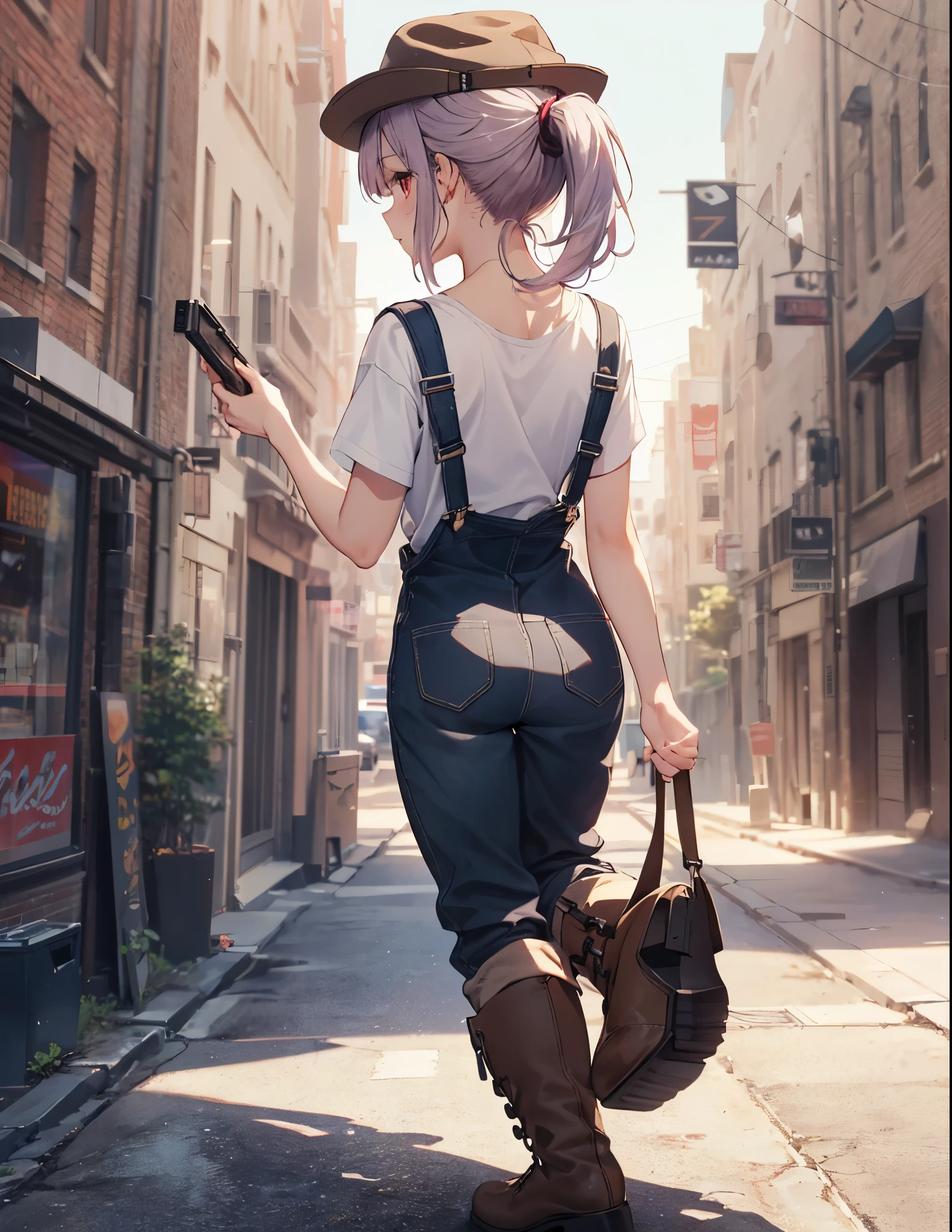 (Close-up:1.3),Realistic,Highest quality, Super detailed, High-quality CG rendering, The most delicate and beautiful, Floating softly, High resolution, (1 girl), (Highest quality,4K,8K,masterpiece:1.2), Light purple hair,(Long ponytail:1.5),Red eyes,(Brown overalls:1.3),(Pure white T-shirt:1.3),(Brown hunting hat:1.3),(Brown boots:1.3),In the city,old buildings,(whole body:1.3),(Are standing:1.3),(Turn your back to your audience:1.3),Butt
