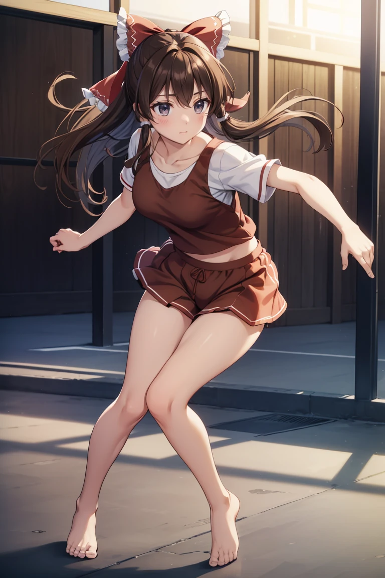 Reimu Hakurei, (Brown eyes:1.5), Brown Hair, bow, hair bow, Hair Tube, Long Hair, red bow, Side Lock, (((Slender body)))、(Navy blue cuffs and white short-sleeved gym uniform)、(Navy Blue Bloomers)、(
barefoot)、Navy blue socks、sports boots、Ground、Schoolyard、Sexy pose、
BREAK Watch Viewers,blush、
Full Body Shot,Smile Break (masterpiece:1.2), Highest quality, High resolution, unity 8k wallpaper, (figure:0.8), (Beautiful attention to detail), Highly detailed face, Perfect lighting, Highly detailed CG, (Perfect hands, Perfect Anatomy),Dynamic pose,