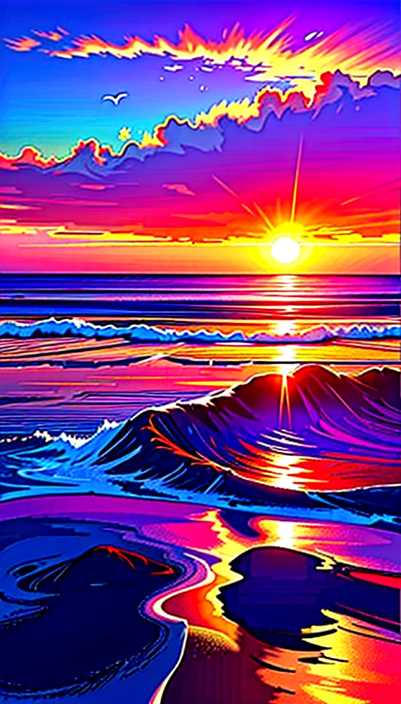 (Highest quality,4K,8K,High resolution,masterpiece:1.2),Super detailed,(Realistic,photoRealistic,photo-Realistic:1.37),Vibrant colors,Sunset at sea,beautiful detailed waves,reflection of sun rays,Spectacular Clouds,Dramatic Sky,Silhouette of a lonely sailing ship,Magnificent Horizon,Bright orange and purple hues,Serene atmosphere,Waves crashing softly and gently,peaceful and quiet scene,sunlight shining on water,Calm and relaxed atmosphere,Heavenly Beauty,With a touch of romance,mesmerizing view of the sunset,sea breeze,Tsunami hitting the coast,Majestic and awe-inspiring views,Peace and tranquility,Seagulls flying in the distance,Seamless transition from day to night,calm calm of the sea,Rippled water creating a dream-like effect,Soft shining light illuminating the scene,peaceful and magical environment,Secluded and untouched beach
