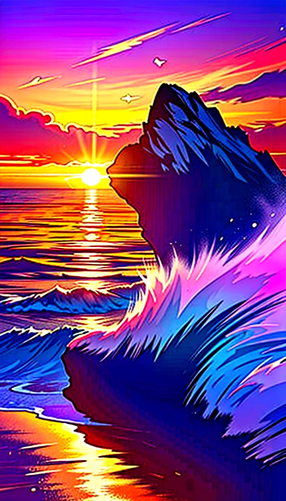 (Highest quality,4K,8K,High resolution,masterpiece:1.2),Super detailed,(Realistic,photoRealistic,photo-Realistic:1.37),Vibrant colors,Sunset at sea,beautiful detailed waves,reflection of sun rays,Spectacular Clouds,Dramatic Sky,Silhouette of a lonely sailing ship,Magnificent Horizon,Bright orange and purple hues,Serene atmosphere,Waves crashing softly and gently,peaceful and quiet scene,sunlight shining on water,Calm and relaxed atmosphere,Heavenly Beauty,With a touch of romance,mesmerizing view of the sunset,sea breeze,Tsunami hitting the coast,Majestic and awe-inspiring views,Peace and tranquility,Seagulls flying in the distance,Seamless transition from day to night,calm calm of the sea,Rippled water creating a dream-like effect,Soft shining light illuminating the scene,peaceful and magical environment,Secluded and untouched beach