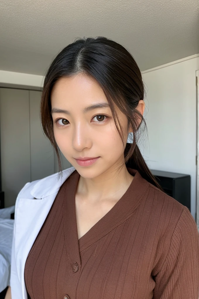 ((Highest quality, 8K, masterpiece :1.3)), Sharp focus :1.2, Beautiful woman with perfect figure :1.4, Slim Abs :1.2, ((Dark brown hair, Big Breasts :1.2)), (White button-up long shirt :1.1), City Street:1.2, Highly detailed face and skin texture, Fine grain, double eyelid NSFW
