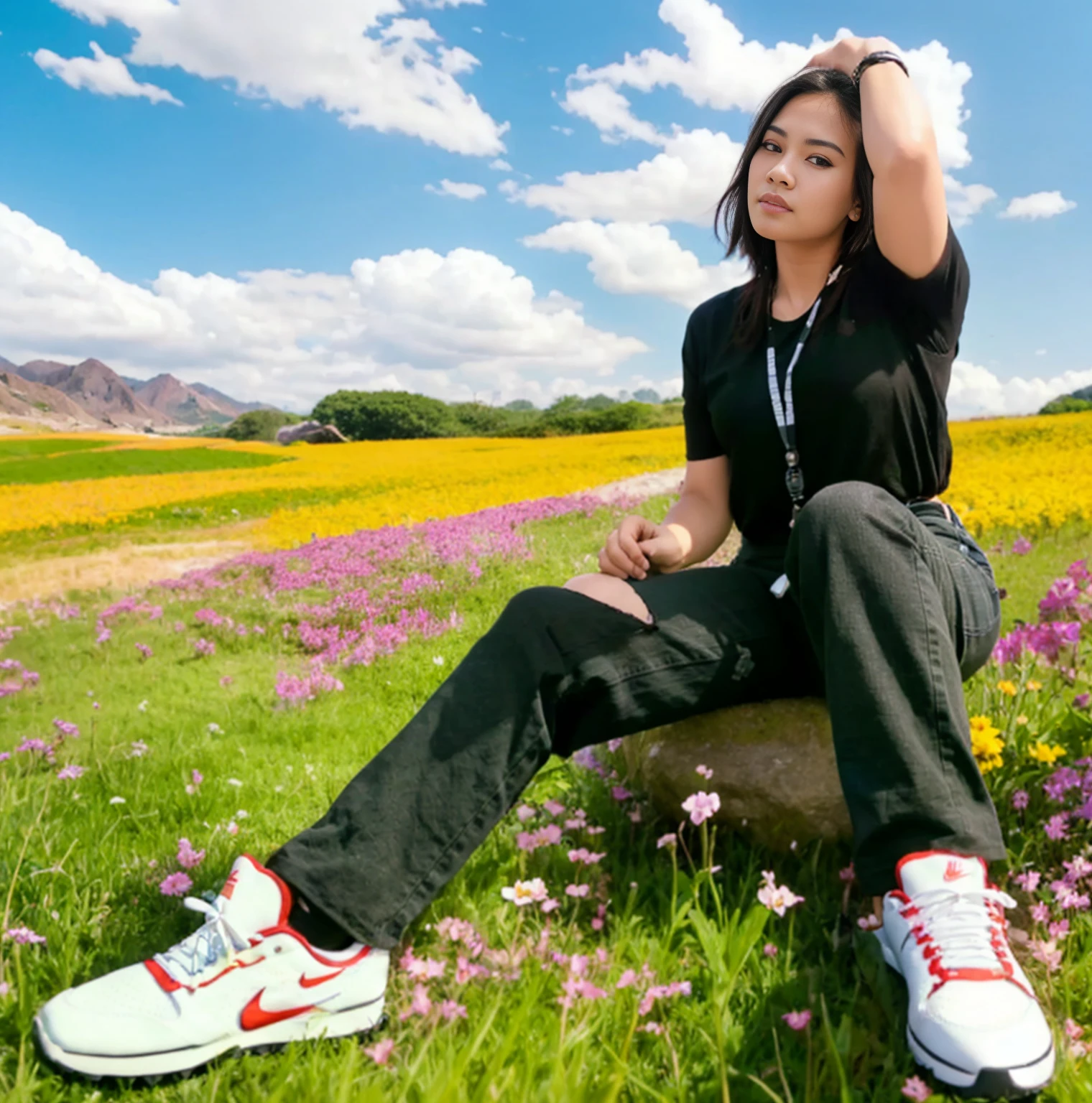 high quality, best quality, photo-realistic, raw-photo, ultra-detailed, High definition, masterpiece, intricate details, detailed texture, finely detailed, portrait of a woman from Indonesia, black t-shirt, long black jeans, white Nike sneaker, sitting pose on a rock, clear blue sky, beautiful flower field 