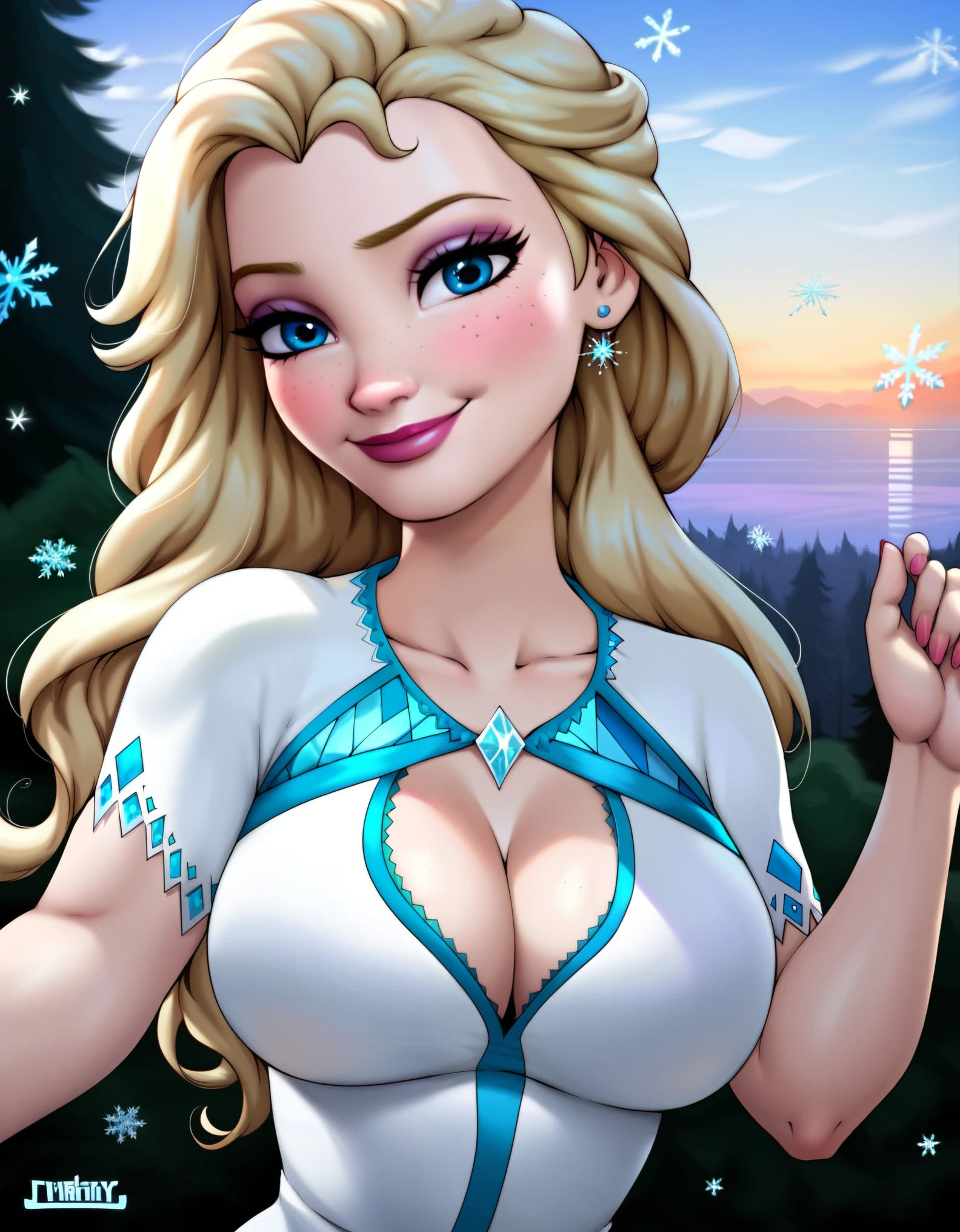 WITHTH YOUR BACK TO THE CAMERA,((ultra quality)), ((masterpiece)), (((best quality, highly detailed ))) highly detailed, score_9, score_8_up, score_7_up, score_6_up,source_Anime,BREAK, elsa, 1girl, elsa (frozen), (Beautiful face), (beautiful female lips), solo, blue eyes, blonde hair, long hair, dress, makeup, freckles, smile, lipstick, bare shoulders, snowflakes, white dress, large breasts, half body,looking to the sky, cleavage, s, (beautiful female hands), ((ideal female figure)), ideal female body, beautiful waist, gorgeous thighs, beautiful huge breasts, thick thighs, wide hips, forest, single, solo, smile, closed mouth, half opened eyes, blush, elsa, looking at viewer, cowboy shot