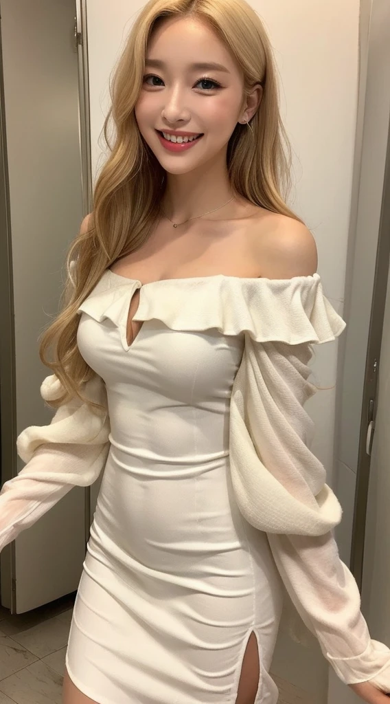A hot woman, long legs, messy hair, natural makeup, (small breasts, braless), (casual white tight dress with o-neck jersey short-sleeve), stilettos, full body, seductive look, attractive pose, at professional photo studio, white backdrop photo background, photorealistic, dynamic light, dynamic angle, perspective, 8K, masterpiece, ultra detailed.
