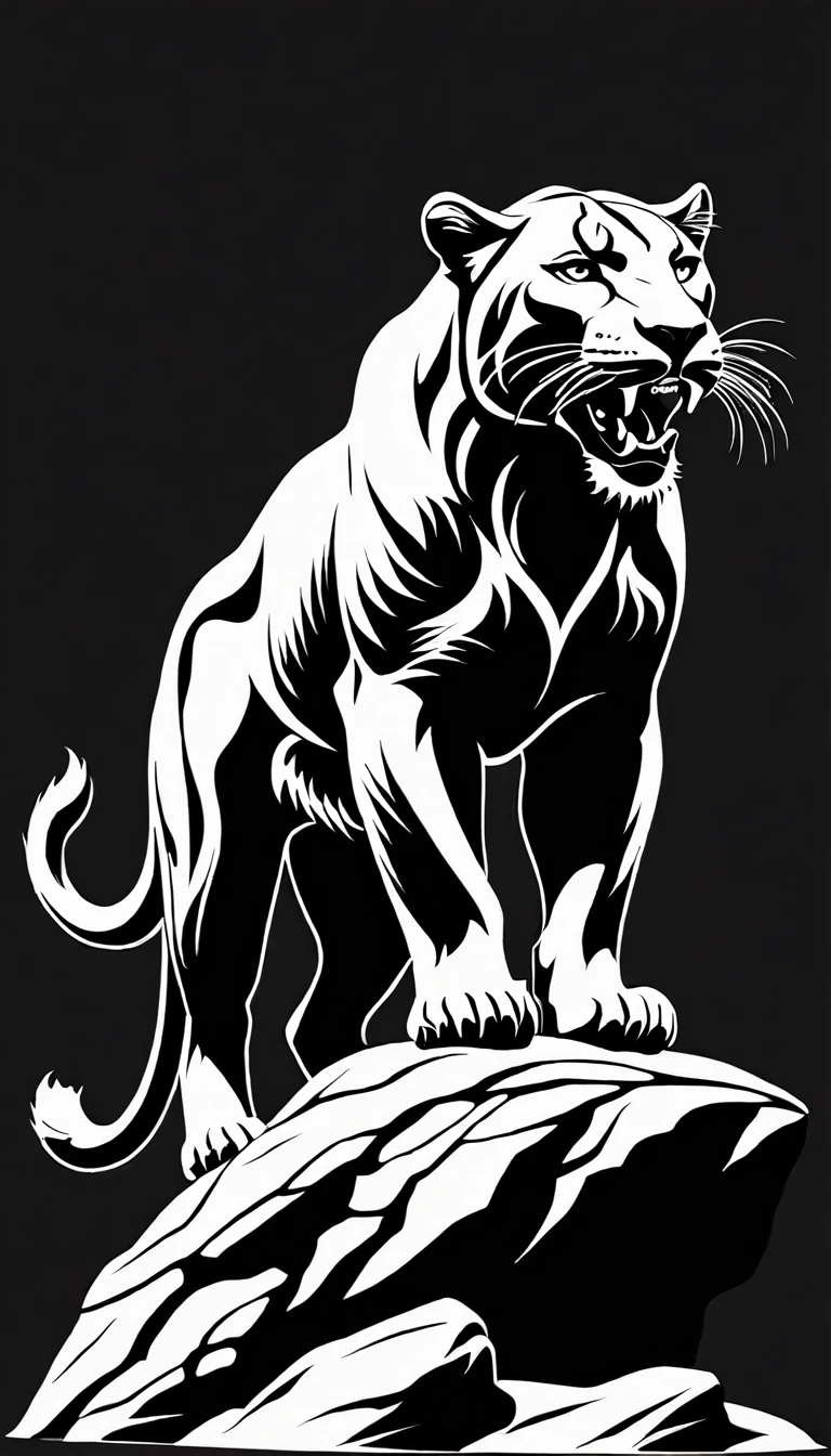 a black and white image of a panther standing on a rock with its mouth open, panther icon, panther , the man riding is on the panther ,panther , third panther head, black and white vector art, half panther , panther head, panther with crown, 2 d full body panther , highly detailed vector art, aslan the panther , black and white vector, vector art for cnc plasma, panther body, vector images, fire panther , king of the jungle, complete whole panther body, roaring