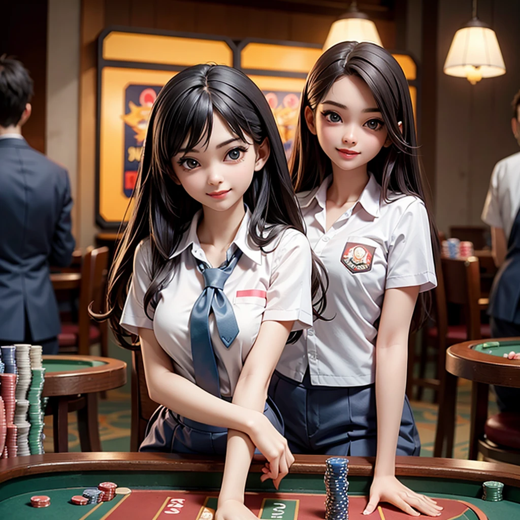 (masterpiece, best quality, high resolution), 19 years old, only one indonesia school girls only, standing and teasing, perfect eyes, laugh, sitting on poker table, gambling, slot machine, baccarat, roulette, offering service, happy smile