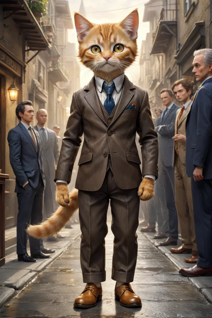  small, かわいいbornき物, Wearing a suit,Wearing suit pants, whole body, Wearing brown leather shoes, Are standing, Costumes,  Fantasy art, Exquisite detail, Jean-Baptiste Monge Style, office Street、Alan Lee Style, Anthropomorphic yellow-eyed tabby furry kitten, Movie Scenes, Dramatic shot angles, , Realistic, born々Amazing cinematic photorealism, Action Portrait, 8K, detailed, Full Frame