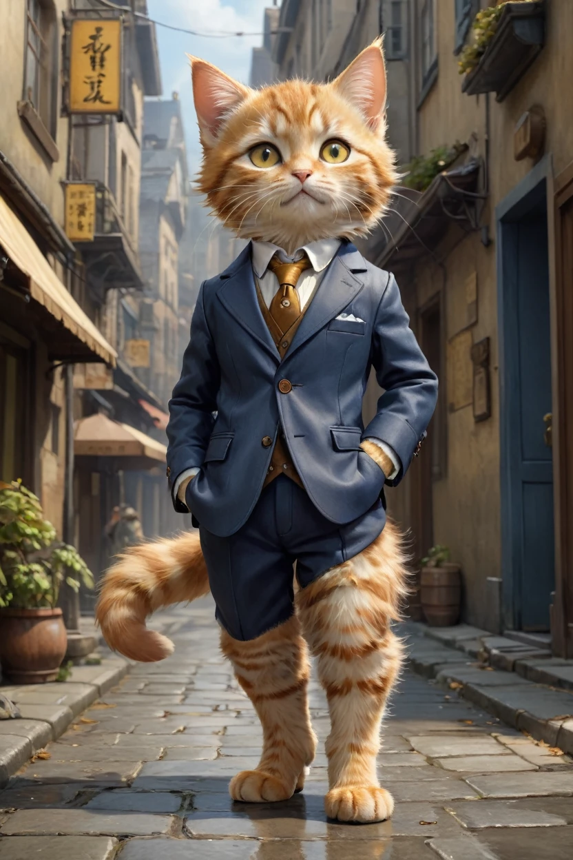 small, かわいいbornき物, Wearing a suit,Wearing suit pants, whole body, Wearing brown leather shoes, Are standing, Costumes, Fantasy art, Exquisite detail, Jean-Baptiste Monge Style, office Street、Alan Lee Style, Anthropomorphic yellow-eyed tabby furry kitten, Movie Scenes, Dramatic shot angles, , Realistic, born々Amazing cinematic photorealism, Action Portrait, 8K, detailed, Full Frame