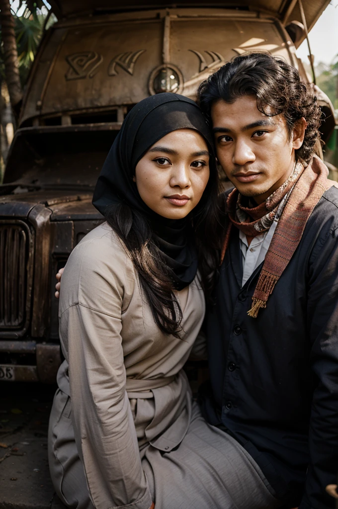 Indonesian man caricature, sitting in front of an ancient car, curly hair with a 20 year old woman wearing a hijab, beautiful