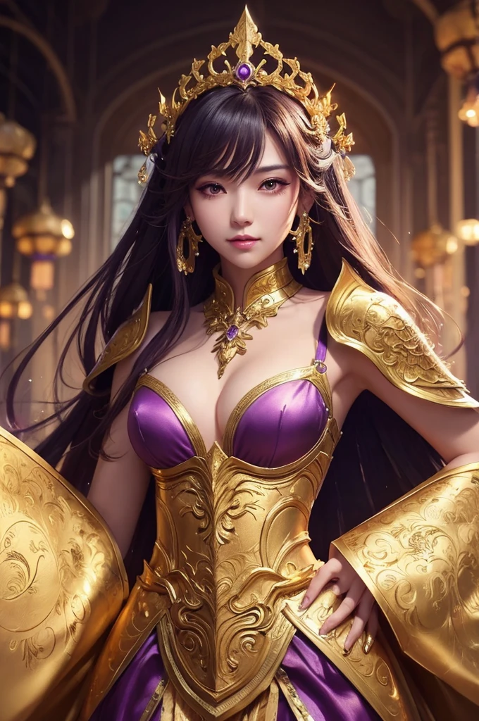 Close-up of a woman in a gold and purple dress, Chengwei Pan at Art Station, Jan J, Detailed fantasy art, Amazing character art, Fan Art Best Art Station, Magnificent and elaborate character art, Beautiful Armor, Highly detailed art, Detailed digital anime art, Art Station pixiv&#39;s artgerm, Girl in armor