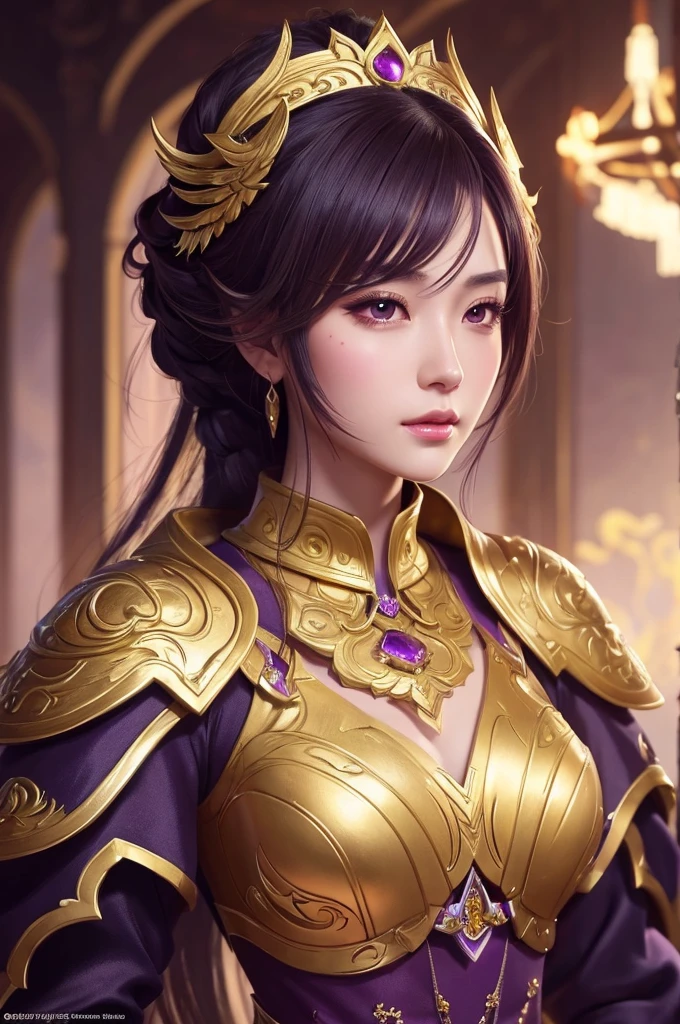 Close-up of a woman in a gold and purple dress, Chengwei Pan at Art Station, Jan J, Detailed fantasy art, Amazing character art, Fan Art Best Art Station, Magnificent and elaborate character art, Beautiful Armor, Highly detailed art, Detailed digital anime art, Art Station pixiv's artgerm, Girl in armor