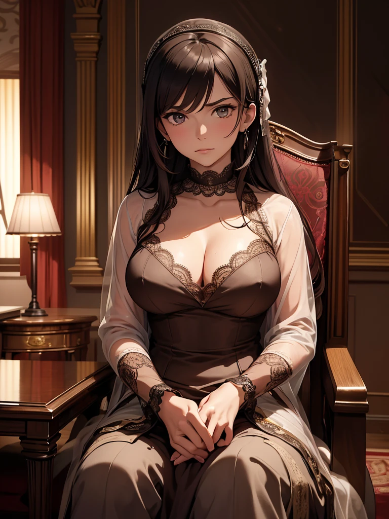 (masterpiece、top-quality、hight resolution), In a hotel room, a mature woman and a younger man are seated together, engaging in a serious conversation. The woman, appearing slightly nervous yet composed, is making the final confirmation. She says, "I know I'm older and might seem like an aunt to you, but are you really okay with this? Your first time being with someone like me...". The setting is intimate, with the woman sitting close to the man, who is attentively listening. The room's ambiance is cozy and private, highlighting the moment's significance and their emotional connection. (nsfw, 30 years old, Nightgown), Emphasis on cleavage