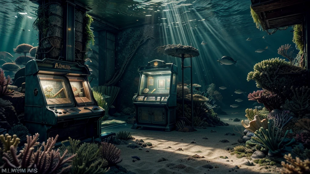 There is an old arcade machine at the bottom of the ocean, surrounded by marine life. Light breaks through the water, creating mystical lighting. The arcade machine is partially covered with seaweed and coral, emphasizing its prolonged stay underwater. A variety of fish and other marine life swim around.
Details for creating a picture:
Main object:
Old arcade machine with classic design, featuring a joystick and buttons.
The machine is weathered with elements of corrosion and fouling by algae and corals.
Ambient:
Ocean floor, covered with sand and stones.
Marine flora: algae, sea grass, kelp.
Marine fauna: various types of fish, maybe small sharks, jellyfish.
Lighting & Atmosphere:
Scattered light penetrating through the water from above, creating soft light rays.
Shadows and depth, giving the image realism.
Bluish and greenish shades, characteristic of the underwater environment.
Additional elements (Optional):
Shipwrecks or old chests in the distance to add ambience.
Little air bubbles rising from the arcade machine.
Style and mood:
Realistic style with high detail.
Mystical and slightly mysterious atmosphere.
Combination of modern and natural.
Technical specifications:
High resolution.
Realistic stylization.
Detailed elements of the arcade machine and the underwater world.
Effective use of light and shadow to create depth and realism.