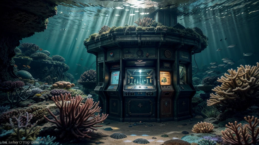 There is an old arcade machine at the bottom of the ocean, surrounded by marine life. Light breaks through the water, creating mystical lighting. The arcade machine is partially covered with seaweed and coral, emphasizing its prolonged stay underwater. A variety of fish and other marine life swim around.
Details for creating a picture:
Main object:
Old arcade machine with classic design, featuring a joystick and buttons.
The machine is weathered with elements of corrosion and fouling by algae and corals.
Ambient:
Ocean floor, covered with sand and stones.
Marine flora: algae, sea grass, kelp.
Marine fauna: various types of fish, maybe small sharks, jellyfish.
Lighting & Atmosphere:
Scattered light penetrating through the water from above, creating soft light rays.
Shadows and depth, giving the image realism.
Bluish and greenish shades, characteristic of the underwater environment.
Additional elements (Optional):
Shipwrecks or old chests in the distance to add ambience.
Little air bubbles rising from the arcade machine.
Style and mood:
Realistic style with high detail.
Mystical and slightly mysterious atmosphere.
Combination of modern and natural.
Technical specifications:
High resolution.
Realistic stylization.
Detailed elements of the arcade machine and the underwater world.
Effective use of light and shadow to create depth and realism.