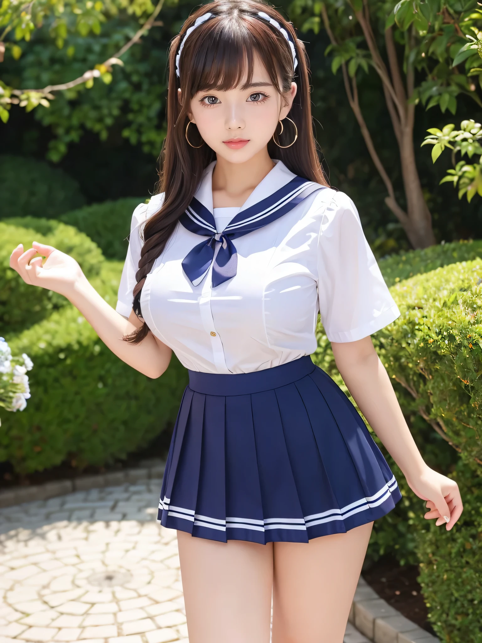 Beautiful woman、cute、Plump body、Big Tits、Earrings、Are standing、Ribbon in hair、Super mini skirt short sleeve sailor uniform、Ribbon on chest、garden、(Shiny skin:1.3)、From the thigh up